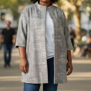 Eileen Fisher Size Large Taupe Jacquard Funnel Neck A Line Open Front Coat